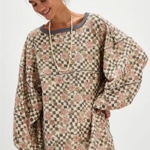 Free People Coastal Crewneck Floral Checkered Oversized NWT